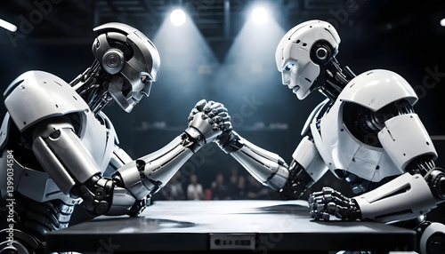 AI Robots Engaged In Arm Wrestling Match Under Bright Lights