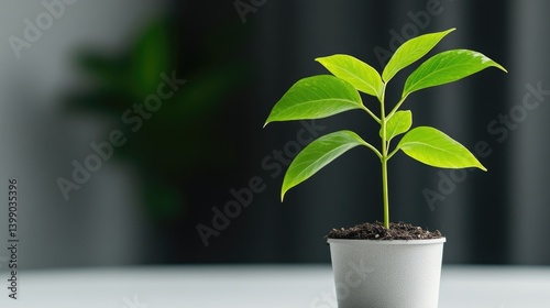 Obraz na płótnie Small plant in a white pot. Fresh leaves, earthy soil w salonie