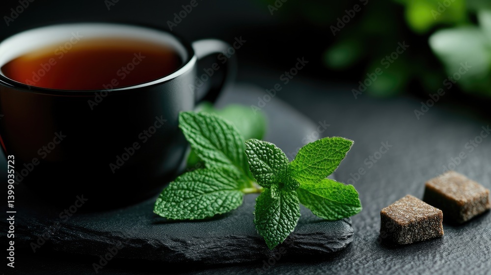 Dark tea, fresh mint leaves, and brown sugar cubes on a dark stone surface