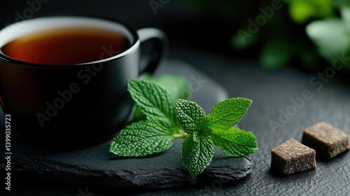 Obraz na płótnie Dark tea, fresh mint leaves, and brown sugar cubes on a dark stone surface w salonie