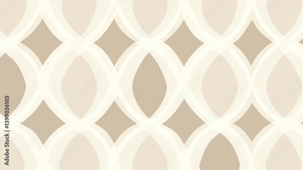 Elegant seamless vector pattern with curved lines and smooth diamond shapes, in soft neutral tones, featuring a retro vintage geometric design.