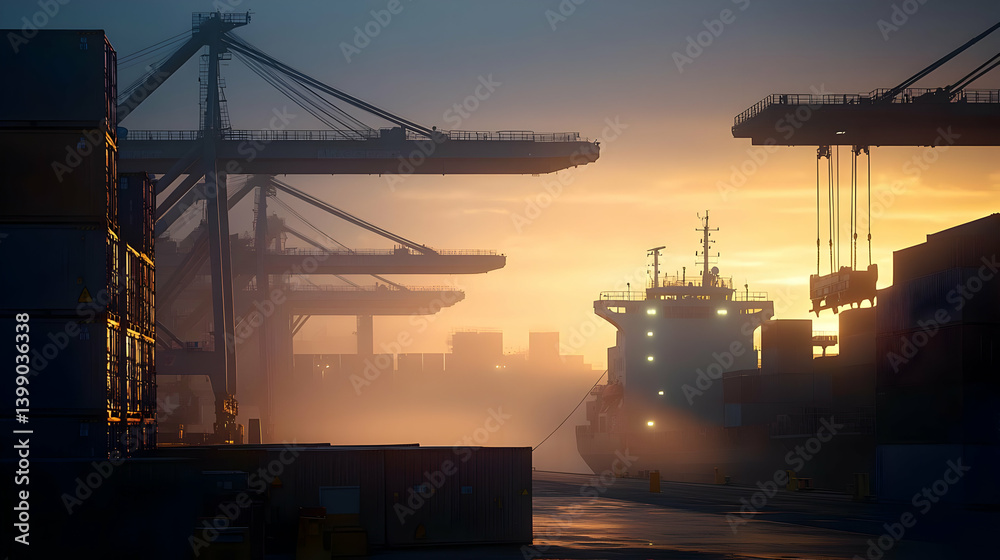 Obraz premium Sunrise Port Cargo Ship Containers Silhouette