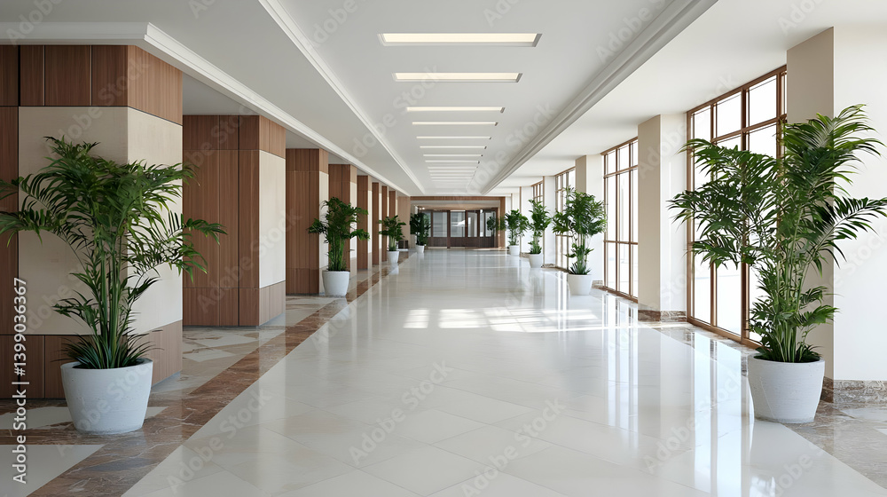 Modern Empty Corridor With Plants And Large Windows Modern Empty Corridor With Plants And Large Windows