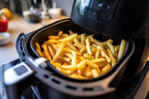 A stylish black air fryer rests on a contemporary kitchen counter, expertly cooking perfectly crisp golden fries. This vivid close-up highlights the ease and efficiency of air frying.
