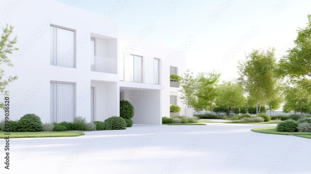 Modern white house with landscaping. Exterior view of a minimalist, contemporary home featuring a spacious driveway and meticulously maintained garden beds, filled with lush greenery and shrubs.