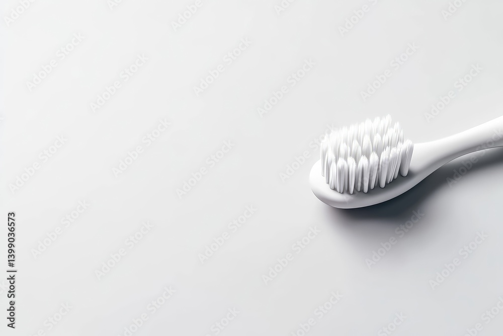 White toothbrush on a white background. Close-up view of the bristles and handle