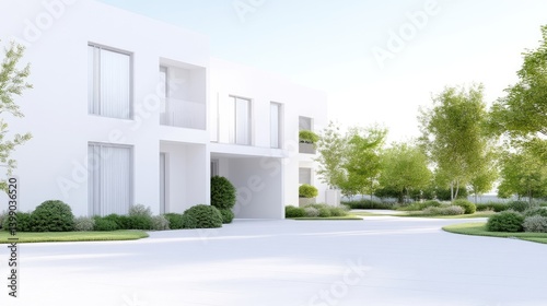 Obraz na płótnie Modern white house with landscaping. Exterior view of a minimalist, contemporary home featuring a spacious driveway and meticulously maintained garden beds, filled with lush greenery and shrubs. w salonie