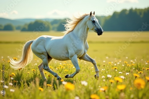A beautiful white stallion prancing freely in an open field filled with wildflowers, its coat glistening in the sunlight , white horse, stallion
