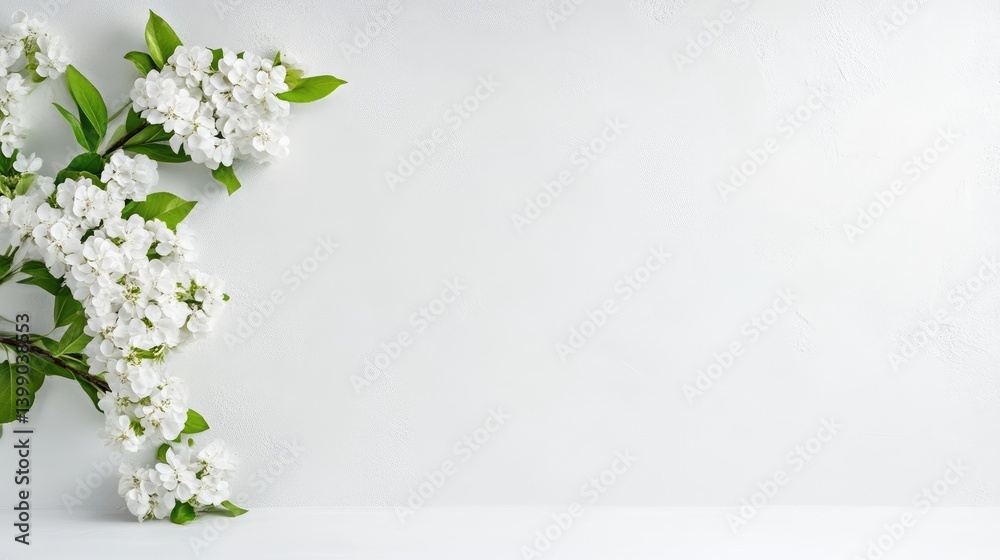 Delicate white blossoms on a light background. Fresh spring flowers arranged in a corner, creating a minimalist aesthetic