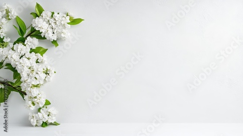Obraz na płótnie Delicate white blossoms on a light background. Fresh spring flowers arranged in a corner, creating a minimalist aesthetic w salonie