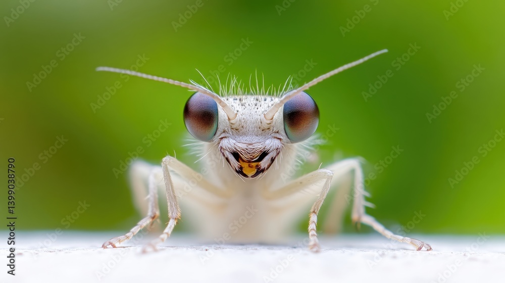 A close-up of a praying mantis with large eyes staring directly at the camera, vibrant green background, detailed macro photography, and nature concept.