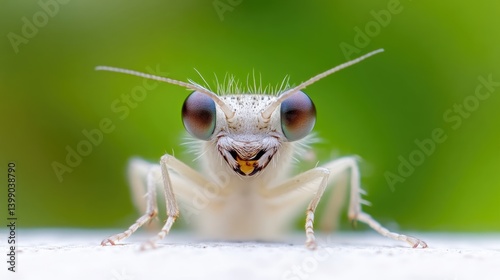 Obraz na płótnie A close-up of a praying mantis with large eyes staring directly at the camera, vibrant green background, detailed macro photography, and nature concept. w salonie