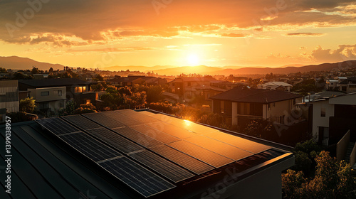 solar panel on roof with arial view and sunset.ai generative