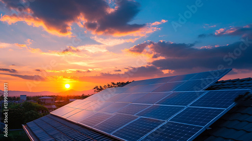 solar panel on roof with arial view and sunset.ai generative