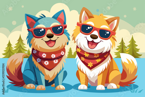 vector of Two happy spitz dogs with sunglasses and scarf posing
