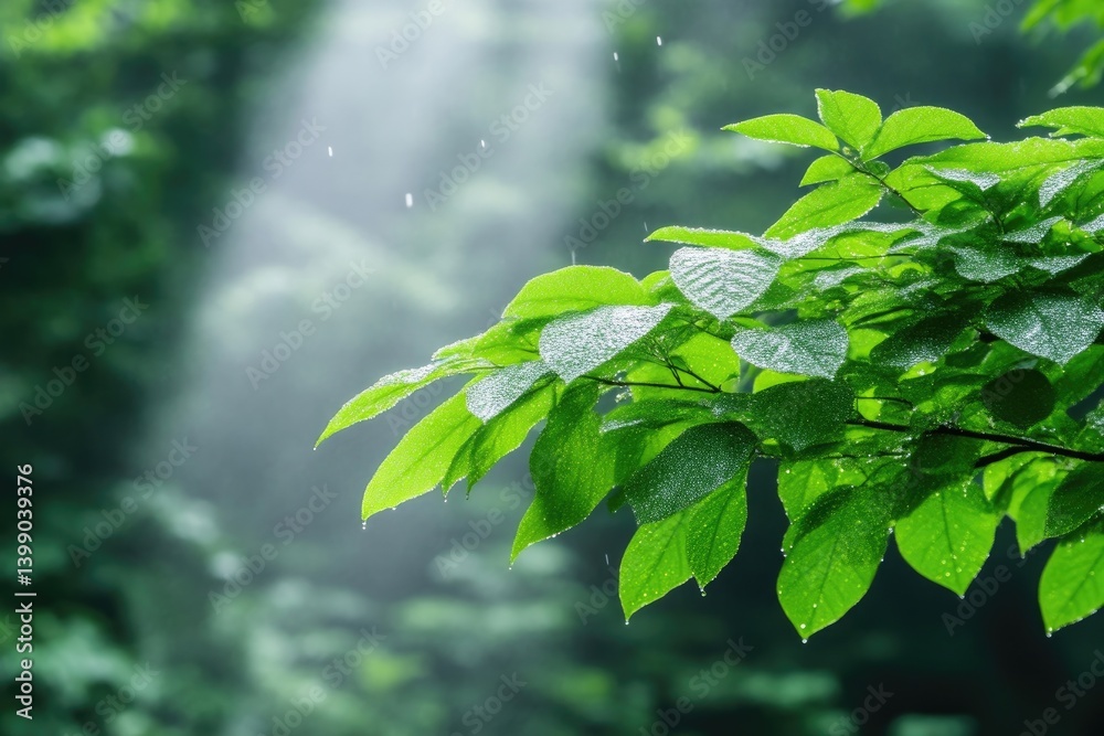Lush green leaves glistening with rain
