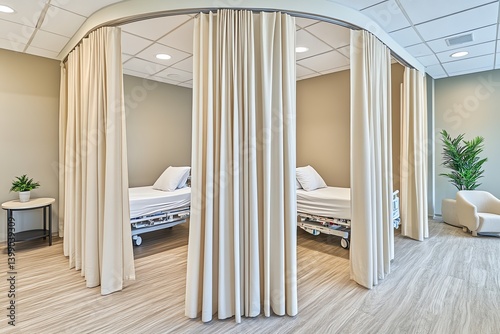 Hospital Room with Privacy Curtains and Beds for Patient Care