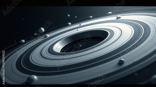 Futuristic cosmic rings and orbs in dim light.