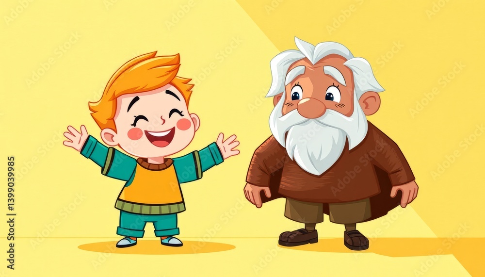 Fototapeta premium Happy Child And Elderly Person Cartoon Illustration