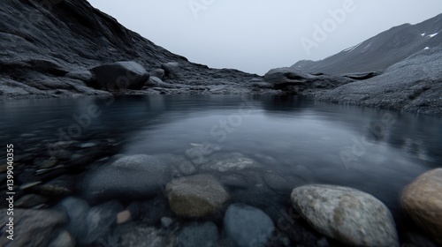 Serene glacial pool nestled in a rocky valley. Crystal clear water reflects surrounding mountains