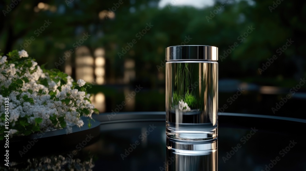 Clear glass cylinder with water reflecting greenery
