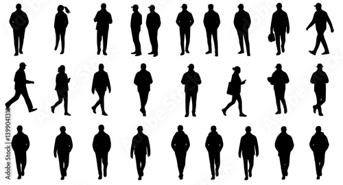 Vector silhouettes man and women, illustration. Silhouettes of people in warm clothes. Transparent PNG version.
