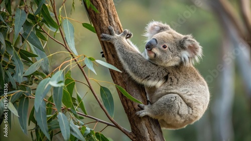 Koala in tree, highlighting the animal and eucalyptus leaves.
