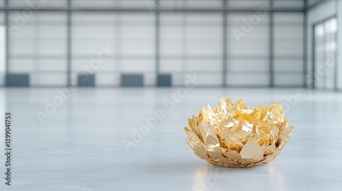 A golden decorative bowl with intricate leaf design sitting on a sleek modern floor, spacious industrial interior, and minimalist aesthetic.
