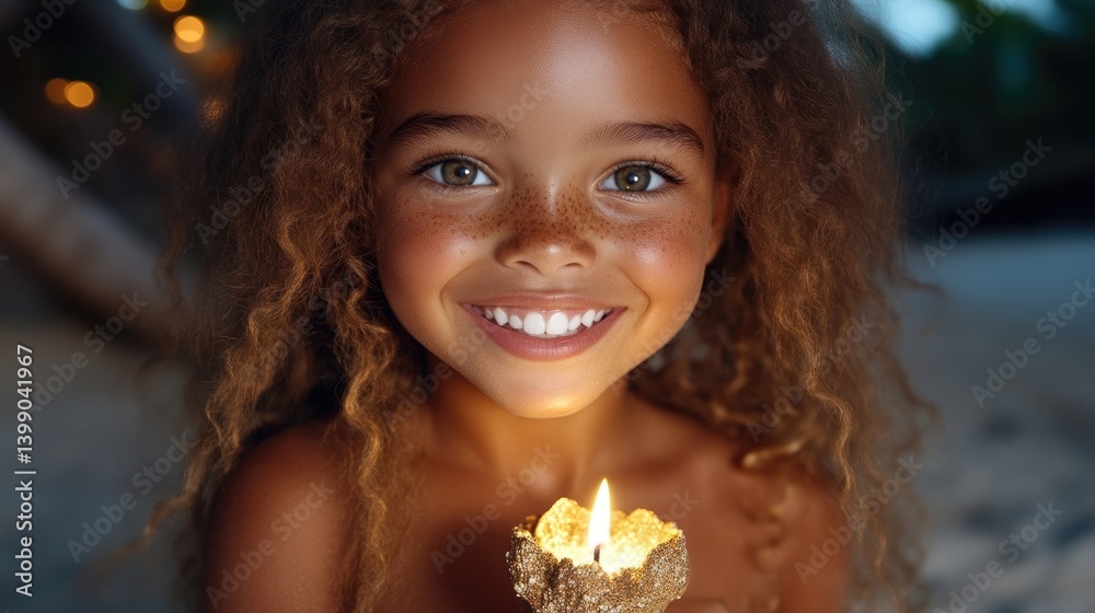 Smiling girl with curly hair holding candle