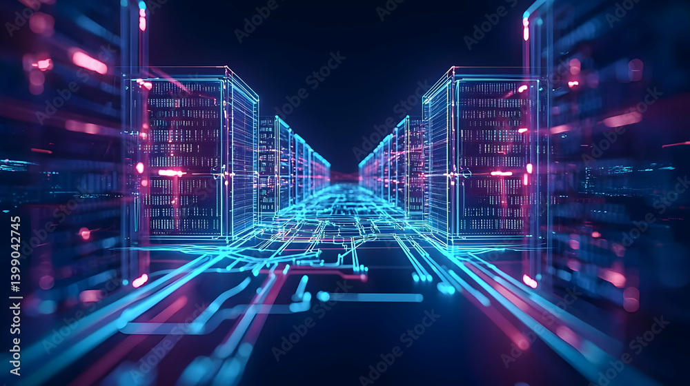 Fototapeta premium Futuristic Digital City Glowing Neon Lights