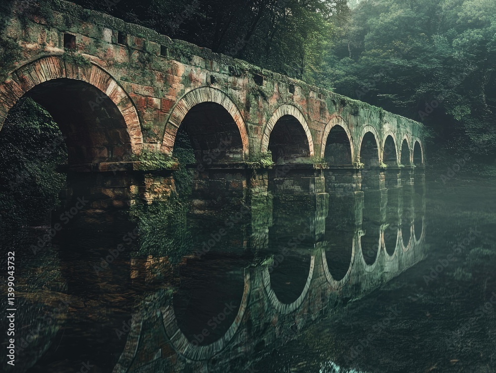 Fototapeta premium Ancient stone bridge with multiple arches reflected in calm, misty water, nestled within a lush green forest.