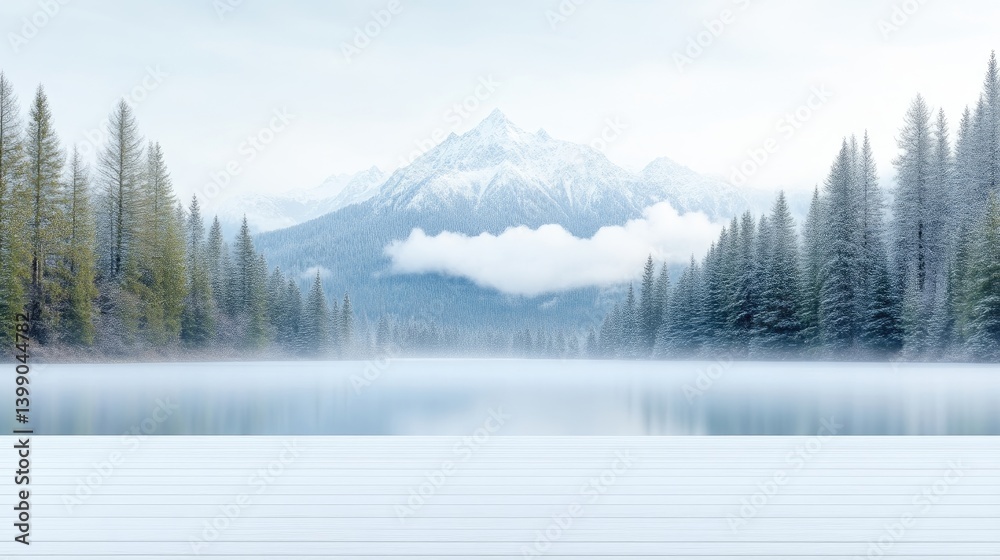 Tranquil winter landscape with snow-capped mountains reflected on a placid lake. A serene, frosty forest surrounds the calm water