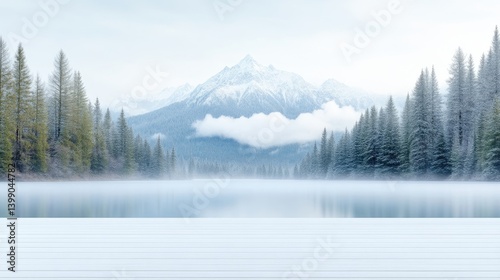 Obraz na płótnie Tranquil winter landscape with snow-capped mountains reflected on a placid lake. A serene, frosty forest surrounds the calm water w salonie