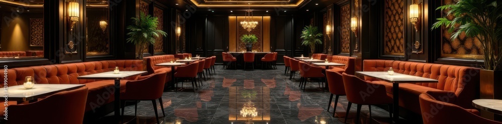 Fototapeta premium Black gold VIP lounge interior with marble tables and high chairs, design, high-end