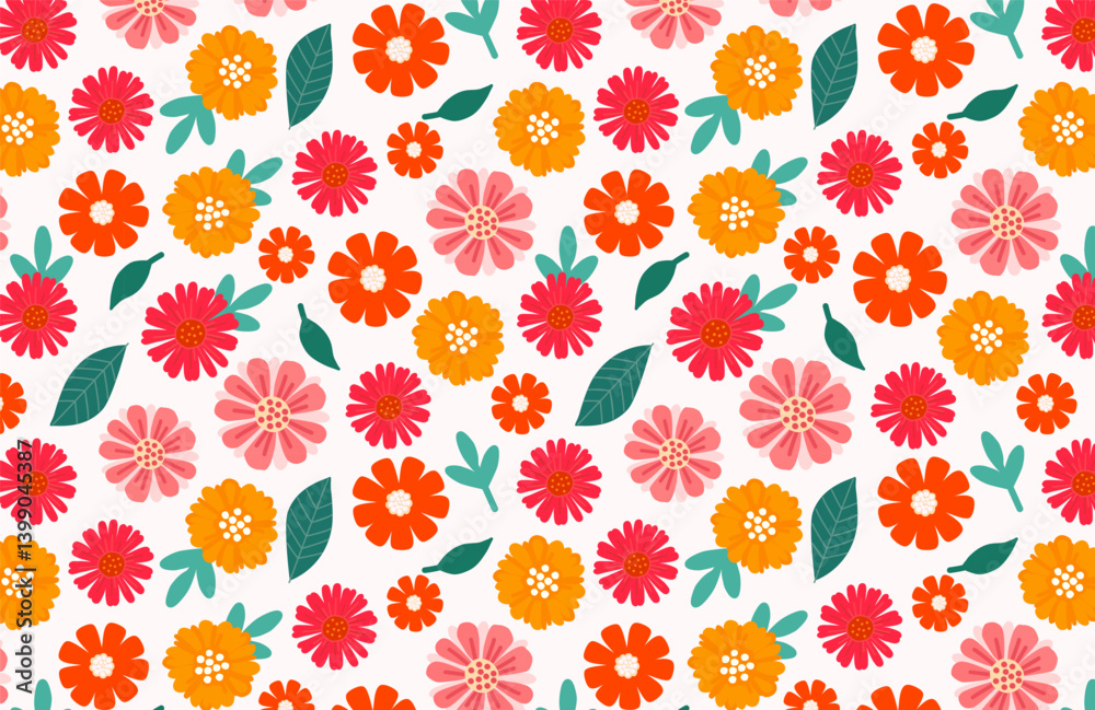 Fototapeta premium Seamless floral pattern in scandinavian style. Bright cartoon print with colorful flowers. Hand drawn design for print, cards, paper, design, fabric, gift wrap, decoration, background, wallpaper