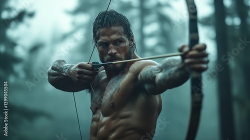 Powerful Archer in the Misty Forest A Muscular Man with Tattoos Aiming a Bow and Arrow for Hun