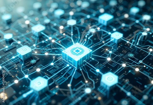 Conceptual vector of blockchain technology represented by connected nodes and digital ledgers.