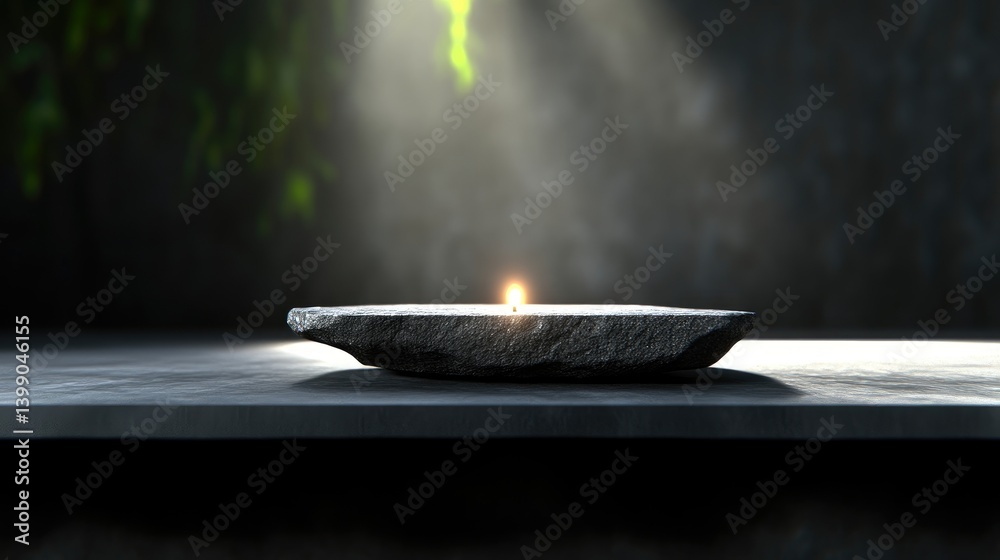 A single candle on a stone dish, bathed in soft light