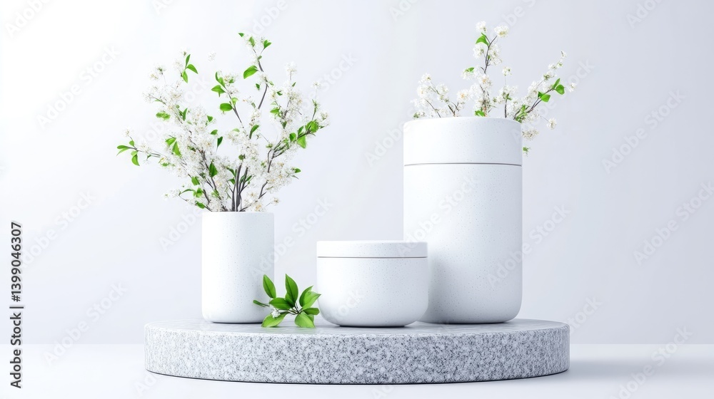 White vases and jars with spring blossoms on a gray stone pedestal