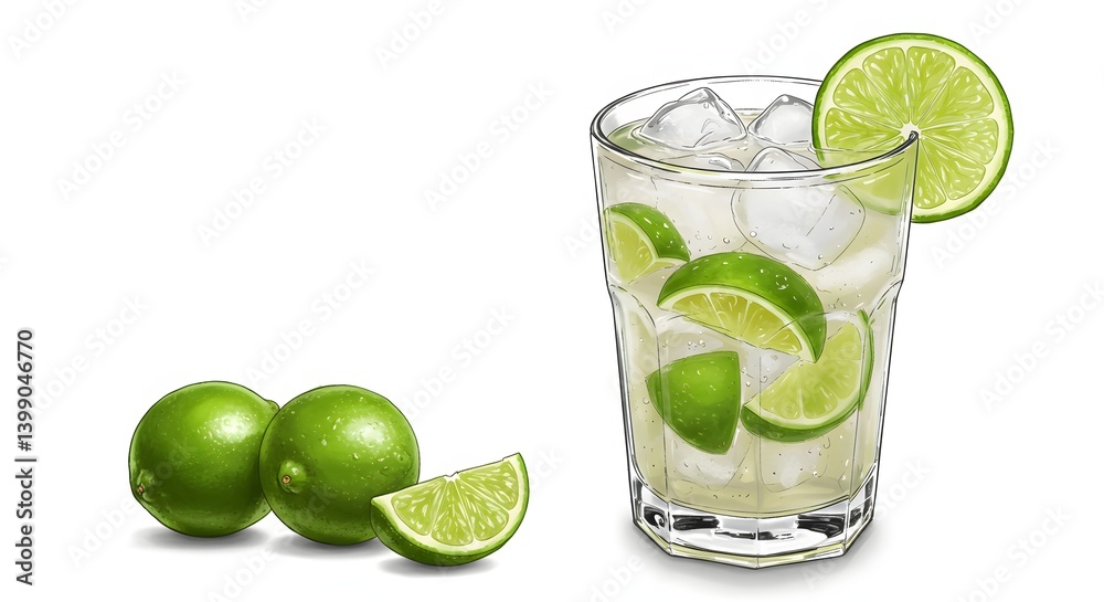 Refreshing lime drink with ice. Whole limes and lime wedges present a visually appealing, thirst-quenching beverage on a white background. Refreshing lime drink with ice. Whole limes and lime wedges present a visually appealing, thirst-quenching beverage on a white background.