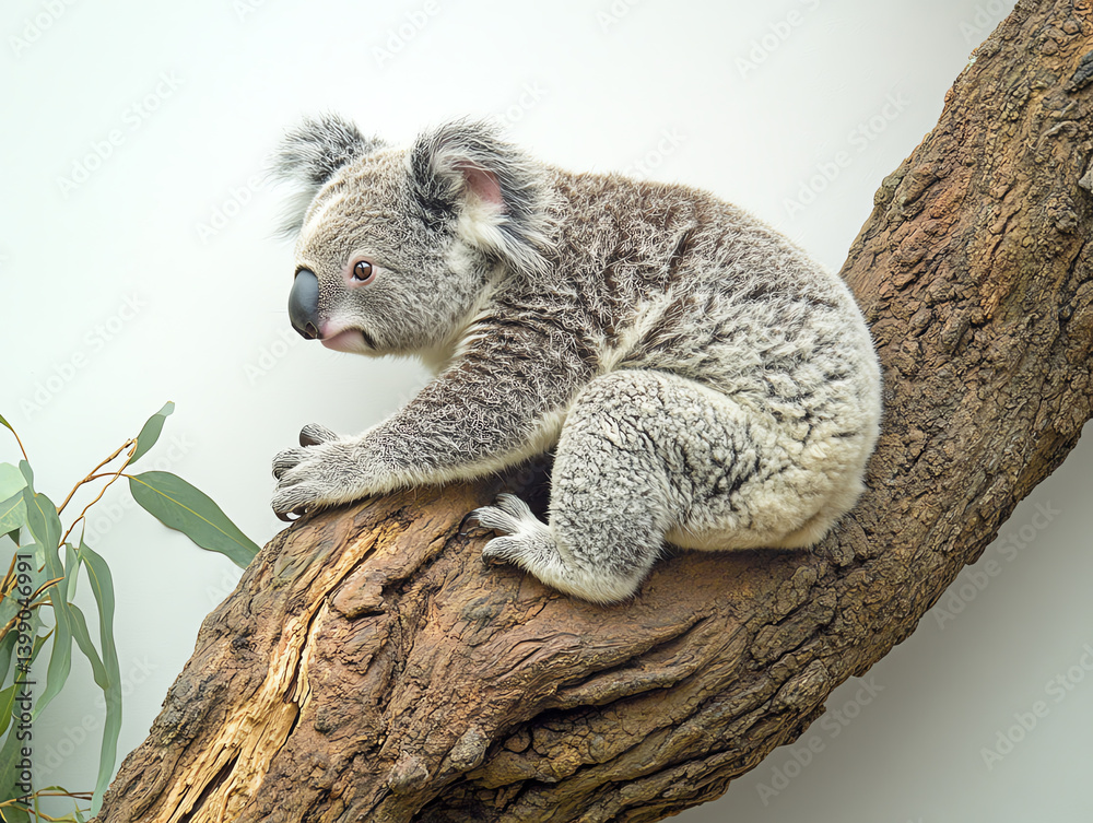Obraz premium A koala resting on a tree branch, showcasing its unique fur and gentle demeanor in a natural setting.