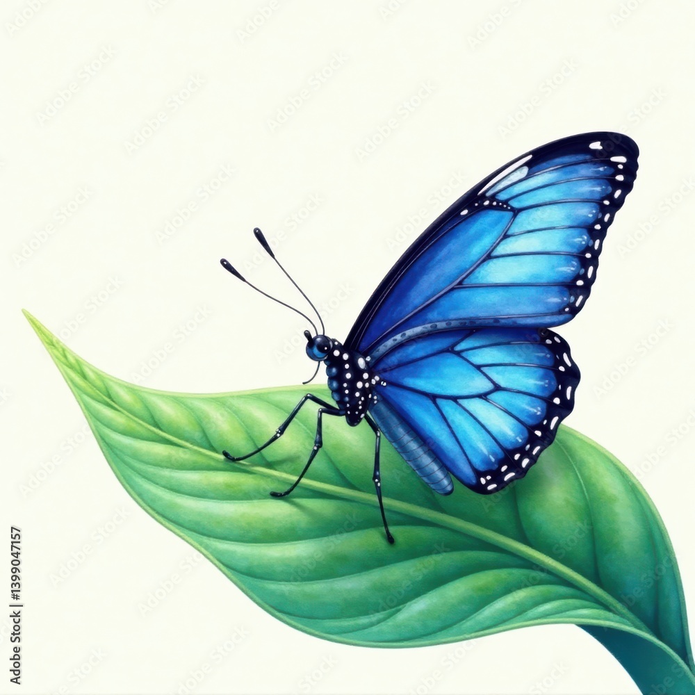 Obraz premium Blue watercolor butterfly perched on a leaf with intricate veins and a subtle gradient effect, butterfly, insect