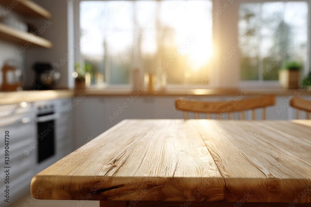 A vacant wooden table stands out against the softly blurred backdrop of a bright white kitchen, illuminated by the warm, golden rays of sunlight. A vacant wooden table stands out against the softly blurred backdrop of a bright white kitchen, illuminated by the warm, golden rays of sunlight.
