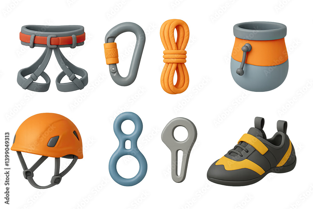 Fototapeta premium 3D-style icons of climbing gear: harness, carabiner, rope, chalk bag helmet, belay device, anchor, climbing shoes. Safe and strong 3D design Icon set. isolated transparent background.