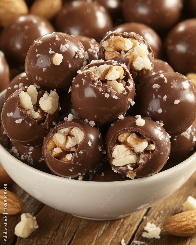 Chocolate Candies with Nuts and Sea Salt in a White Bowl Chocolate Candies with Nuts and Sea Salt in a White Bowl