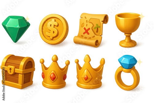 3D vector icons of pirate treasures: jewel, gold coin, treasure map, goblet emerald, treasure chest, crown, ring. Glimmering 3D pirate loot style Icon set. isolated transparent background.