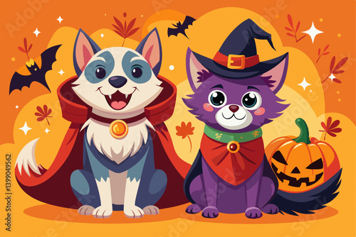 vector of Two pets in festive costumes pose for Halloween and show playful expressions on a bright orange background