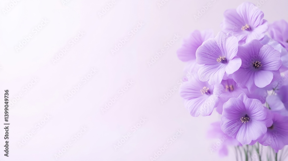 Lavender Flowers Soft Focus, Delicate Petals, Pastel Soft Lighting, Landscape Wide Shot, Gentle Texture, Serene Beauty, Blank Background, Pale Lilac Hues, Ideal for Spring Themes