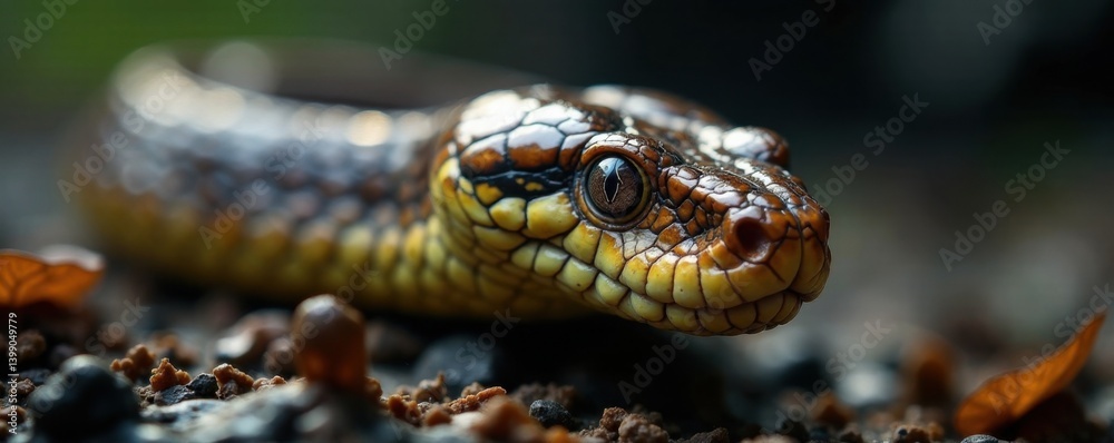 Scaled serpent gazing forward with narrow eyes, reptile, snake, animal Scaled serpent gazing forward with narrow eyes, reptile, snake, animal
