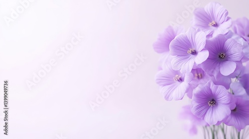 Obraz na płótnie Lavender Flowers Soft Focus, Delicate Petals, Pastel Soft Lighting, Landscape Wide Shot, Gentle Texture, Serene Beauty, Blank Background, Pale Lilac Hues, Ideal for Spring Themes w salonie